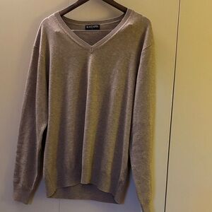 Kallspin Men's Tan V-Neck Cashmere Wool Blend Sweater Large